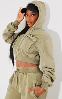 PRETTYLITTLETHING Shape Olive Washed Cargo Cropped Hoodie