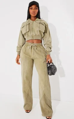 PRETTYLITTLETHING Shape Olive Washed Cargo Cropped Hoodie