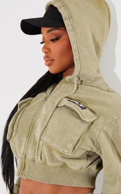 PRETTYLITTLETHING Shape Olive Washed Cargo Cropped Hoodie