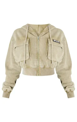 PRETTYLITTLETHING Shape Olive Washed Cargo Cropped Hoodie