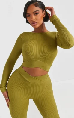 PRETTYLITTLETHING Shape Olive Open Back Long Sleeve Gym Crop Top