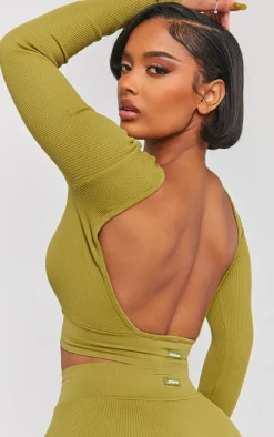 PRETTYLITTLETHING Shape Olive Open Back Long Sleeve Gym Crop Top