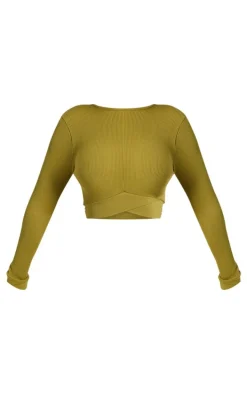 PRETTYLITTLETHING Shape Olive Open Back Long Sleeve Gym Crop Top