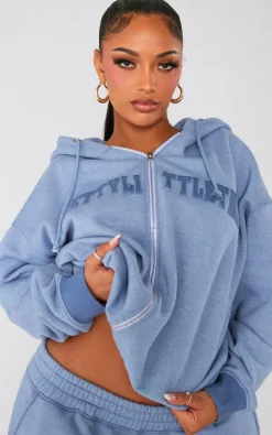 PRETTYLITTLETHING Shape Petrol Blue Embroidery Washed Zip Through Hoodie