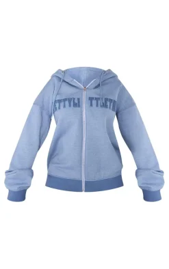 PRETTYLITTLETHING Shape Petrol Blue Embroidery Washed Zip Through Hoodie