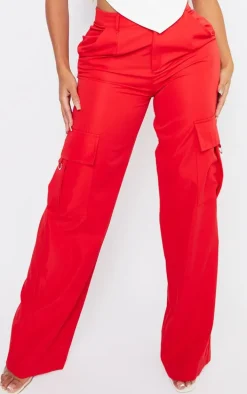 PRETTYLITTLETHING Shape Red Buckle Detail Cargo Wide Leg Pants