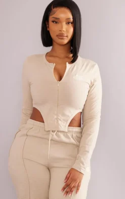 PRETTYLITTLETHING Shape Stone Cotton Zip Crop Top