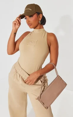 PRETTYLITTLETHING Shape Taupe Cotton High Neck Sleeveless Bodysuit