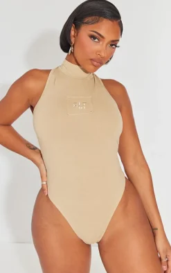 PRETTYLITTLETHING Shape Taupe Cotton High Neck Sleeveless Bodysuit