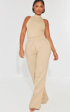 PRETTYLITTLETHING Shape Taupe Cotton High Neck Sleeveless Bodysuit