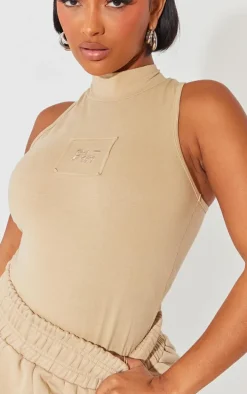 PRETTYLITTLETHING Shape Taupe Cotton High Neck Sleeveless Bodysuit