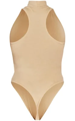 PRETTYLITTLETHING Shape Taupe Cotton High Neck Sleeveless Bodysuit