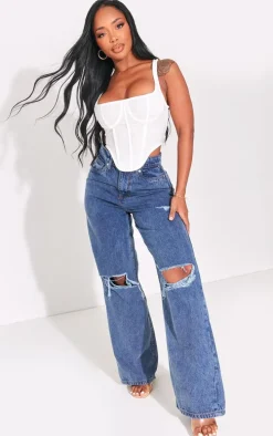 PRETTYLITTLETHING Shape Vintage Wash Extreme Rip Wide Leg Jeans