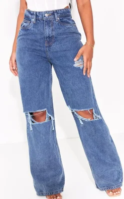 PRETTYLITTLETHING Shape Vintage Wash Extreme Rip Wide Leg Jeans