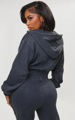 PRETTYLITTLETHING Shape Washed Charcoal Cargo Cropped Hoodie