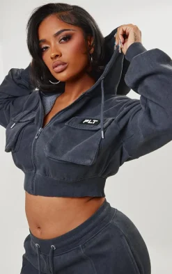 PRETTYLITTLETHING Shape Washed Charcoal Cargo Cropped Hoodie