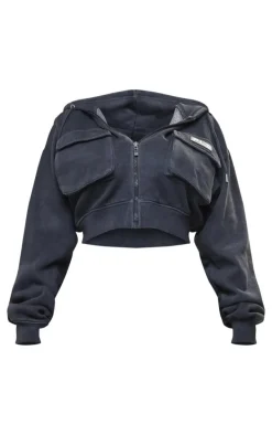 PRETTYLITTLETHING Shape Washed Charcoal Cargo Cropped Hoodie