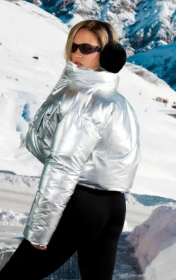 PRETTYLITTLETHING SKI Silver High Shine Cropped Puffer Coat