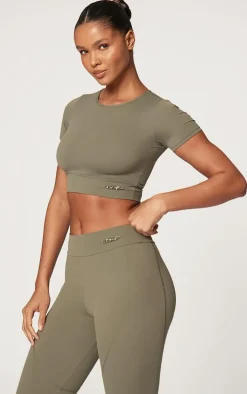 PRETTYLITTLETHING Sport Olive Metal Badge Sculpt Short Sleeve Top