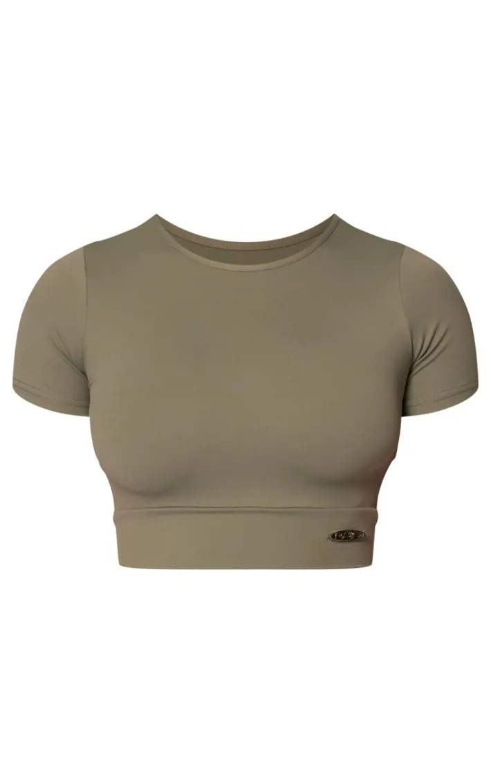 PRETTYLITTLETHING Sport Olive Metal Badge Sculpt Short Sleeve Top