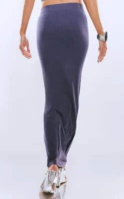 PRETTYLITTLETHING Steel Blue Washed Wide Snatched Rib Low Rise Midaxi Skirt