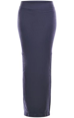 PRETTYLITTLETHING Steel Blue Washed Wide Snatched Rib Low Rise Midaxi Skirt