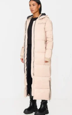 PRETTYLITTLETHING Stone Text Front Maxi Puffer Coat