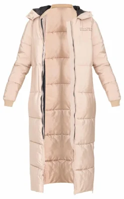 PRETTYLITTLETHING Stone Text Front Maxi Puffer Coat