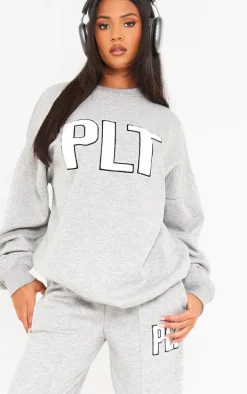 PRETTYLITTLETHING Tall Ash Grey Borg Applique Oversized Sweatshirt