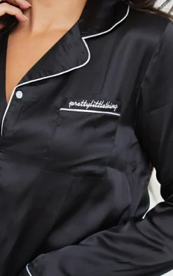PRETTYLITTLETHING Tall Black Contrast Piping Satin Long PJ Set
