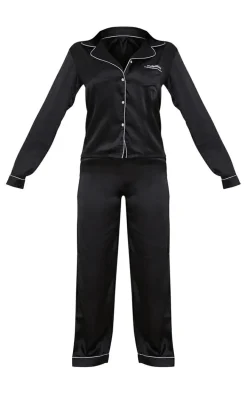 PRETTYLITTLETHING Tall Black Contrast Piping Satin Long PJ Set
