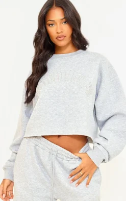 PRETTYLITTLETHING Tall Grey Marl Distressed Varsity Cropped Sweatshirt