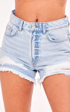 PRETTYLITTLETHING Tall Light Blue Wash Distressed Mid Rise Denim Shorts