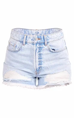 PRETTYLITTLETHING Tall Light Blue Wash Distressed Mid Rise Denim Shorts