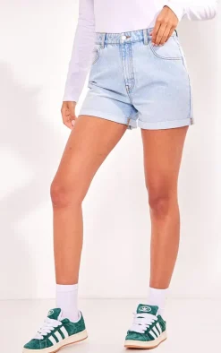 PRETTYLITTLETHING Tall Light Blue Wash Turn Up Mom Denim Shorts