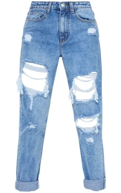 PRETTYLITTLETHING Tall Mid Blue Ripped Mid Rise Mom Jeans