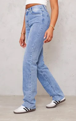 PRETTYLITTLETHING Tall Mid Blue Wash High Waist Long Leg Straight Jeans