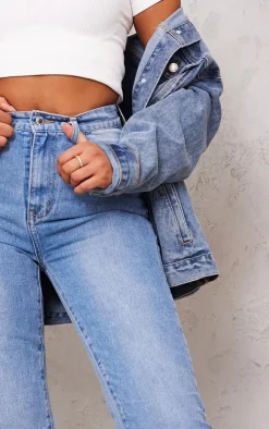 PRETTYLITTLETHING Tall Mid Blue Wash High Waist Long Leg Straight Jeans