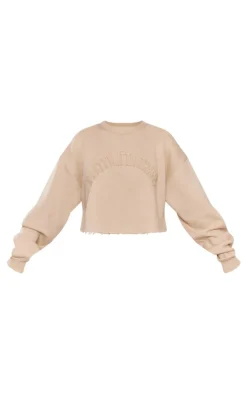 PRETTYLITTLETHING Tall Stone Distressed Varsity Cropped Sweatshirt