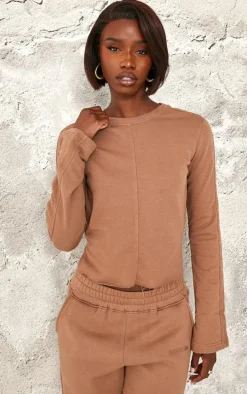 PRETTYLITTLETHING Tall Taupe Embroidered Raw Hem Seam Detail Fitted Top