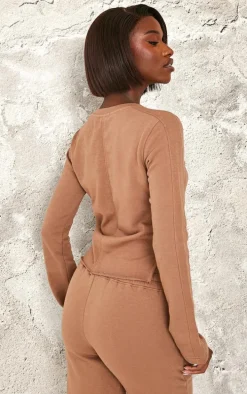 PRETTYLITTLETHING Tall Taupe Embroidered Raw Hem Seam Detail Fitted Top