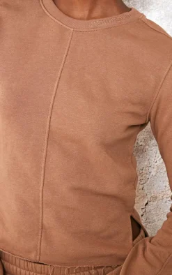 PRETTYLITTLETHING Tall Taupe Embroidered Raw Hem Seam Detail Fitted Top