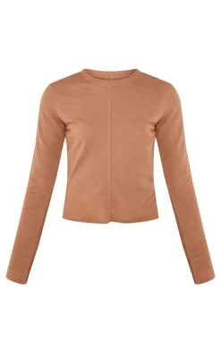 PRETTYLITTLETHING Tall Taupe Embroidered Raw Hem Seam Detail Fitted Top