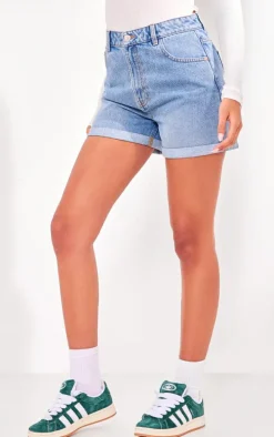 PRETTYLITTLETHING Tall Vintage Mid Wash Turn Up Mom Denim Shorts