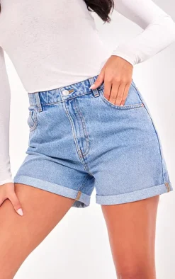 PRETTYLITTLETHING Tall Vintage Mid Wash Turn Up Mom Denim Shorts