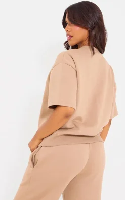 PRETTYLITTLETHING Taupe Borg Applique Short Sleeve Sweatshirt