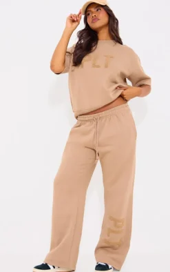 PRETTYLITTLETHING Taupe Borg Applique Short Sleeve Sweatshirt