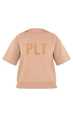 PRETTYLITTLETHING Taupe Borg Applique Short Sleeve Sweatshirt