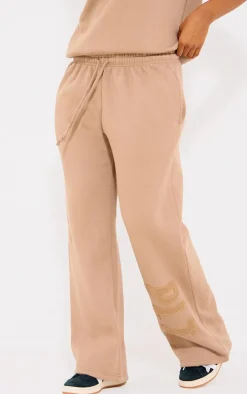 PRETTYLITTLETHING Taupe Borg Applique Wide Leg Sweatpants