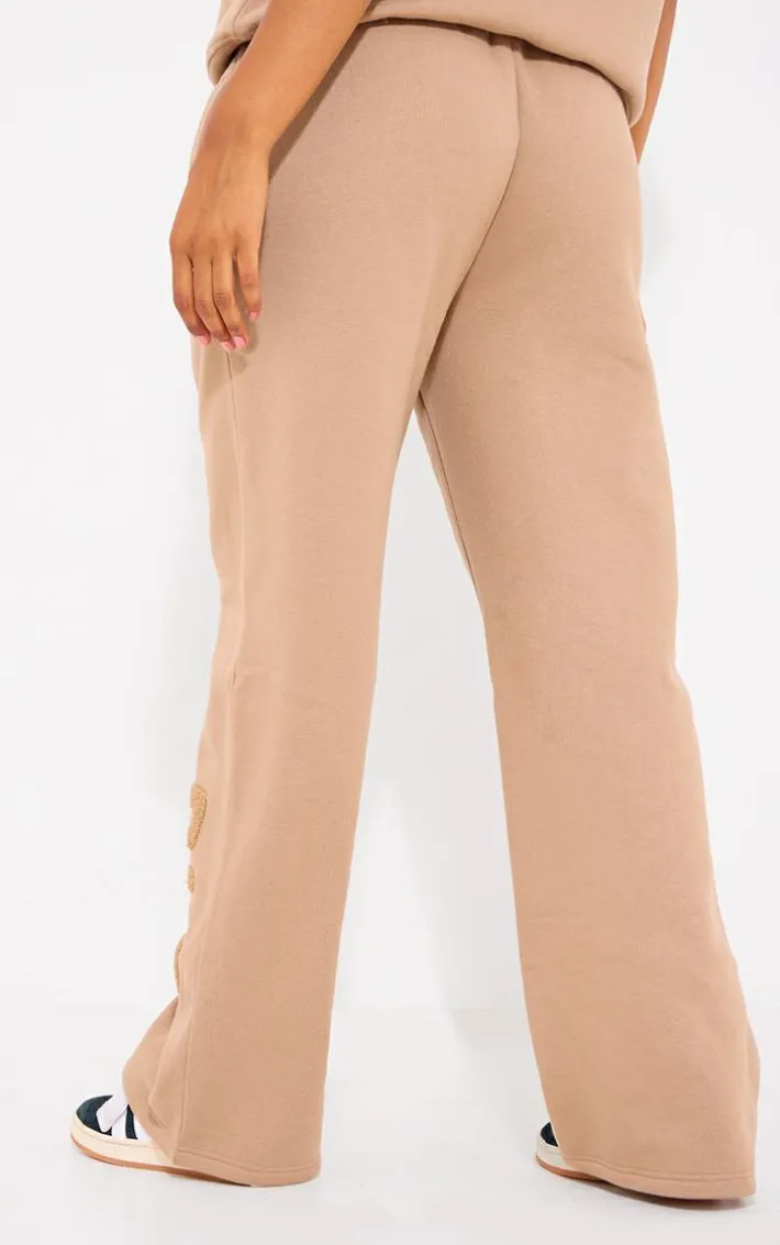 PRETTYLITTLETHING Taupe Borg Applique Wide Leg Sweatpants